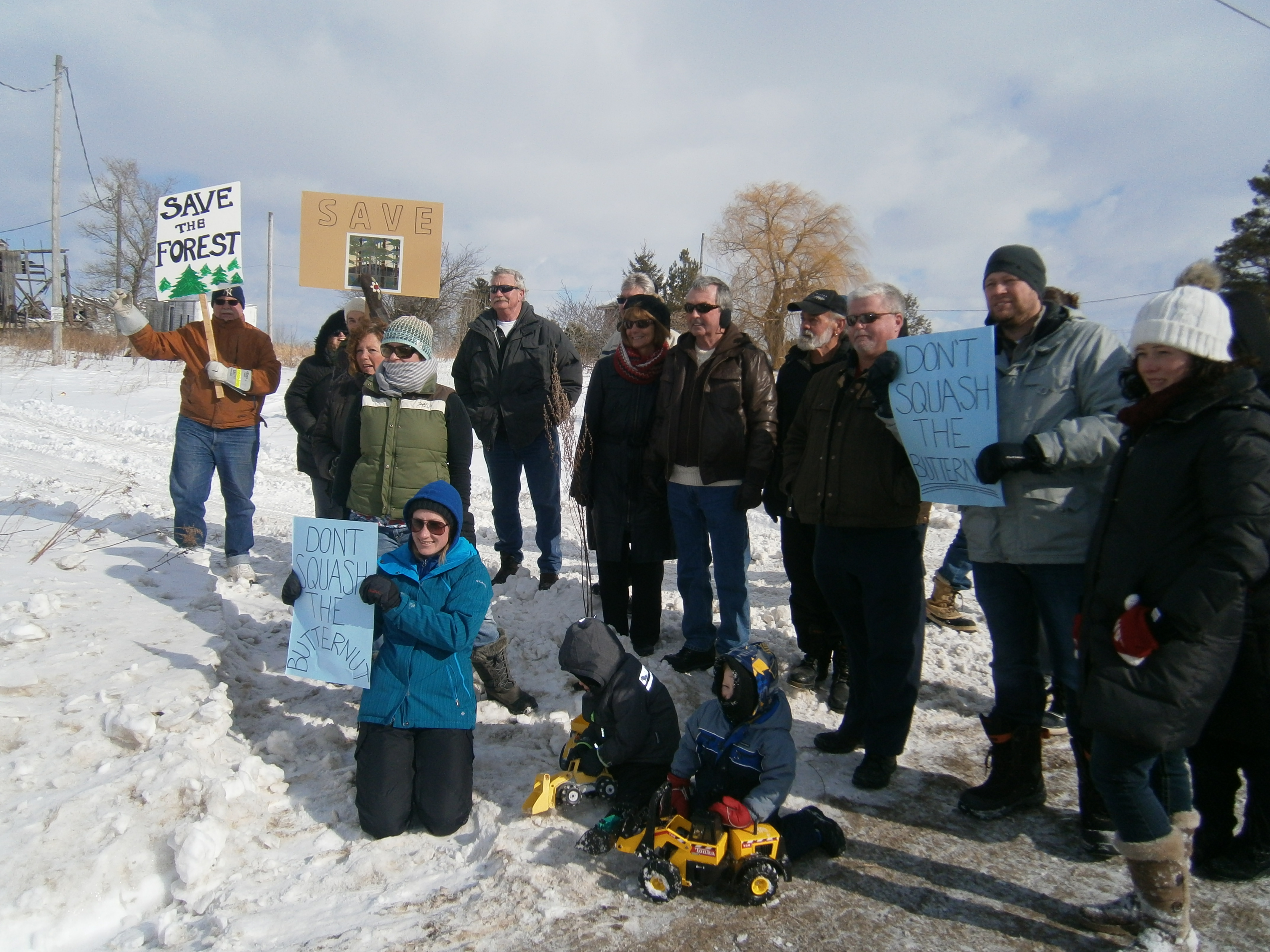 Area residents protest at an access point to a mature forest In New Tecumseth that was being felled this morning (Monday March 2) - AWARE Simcoe photo
