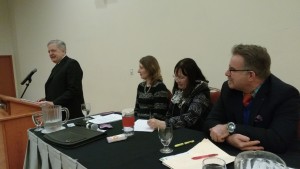Oakville Mayor Rob Burton, meeting chair Margaret Prophet, panelists Connie Spek and David Donnelly -AWARE Simcoe photo