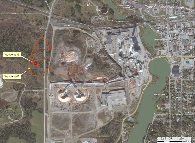 Dryden area: Red circles indicate where worker says he dumped mercury.