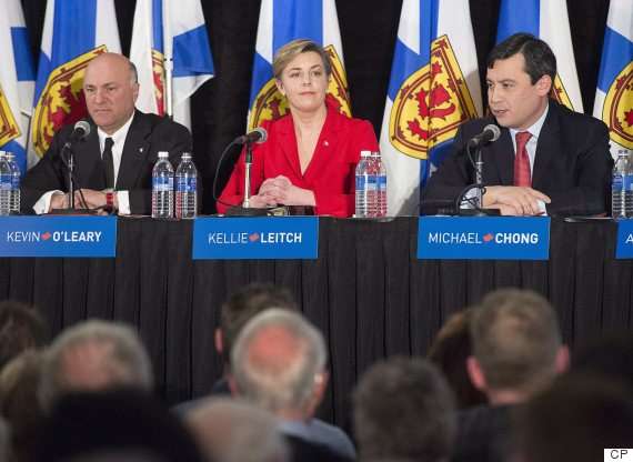 Plastic water bottles lined up in front of Conservative leadership candidates at a Feb. 4 debate in Halifax