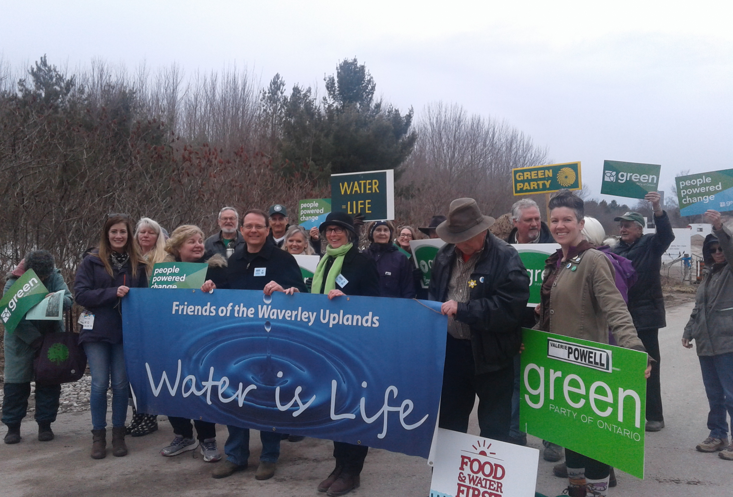 Ontario Green Party leader Mike Schreiner and Simcoe North Green candidate Valierie Powell join water protectors at the Teedon Pit
