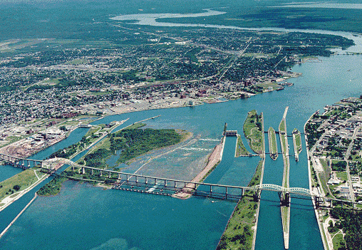 The St. Marys River drains Lake Superior into Lake Huron. Wikipedia photo
